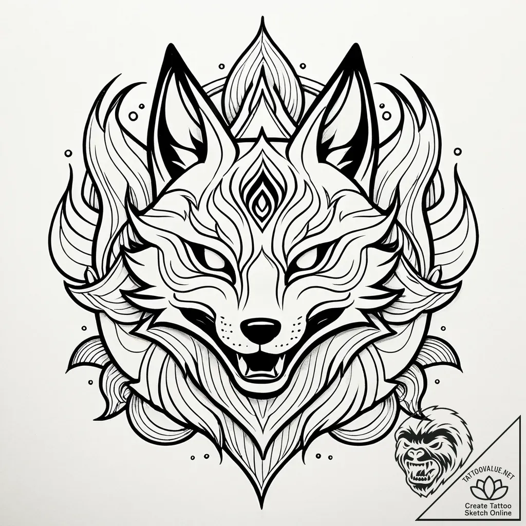 Kitsune (fox spirit) mask surrounded by nine... - style Jaeger Simple - tattoo sketch (02.11.2025 05:48)
