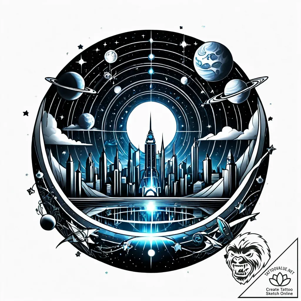 A planet with rings made of city lights - style Jagger Old - tattoo sketch (02.11.2025 06:38)