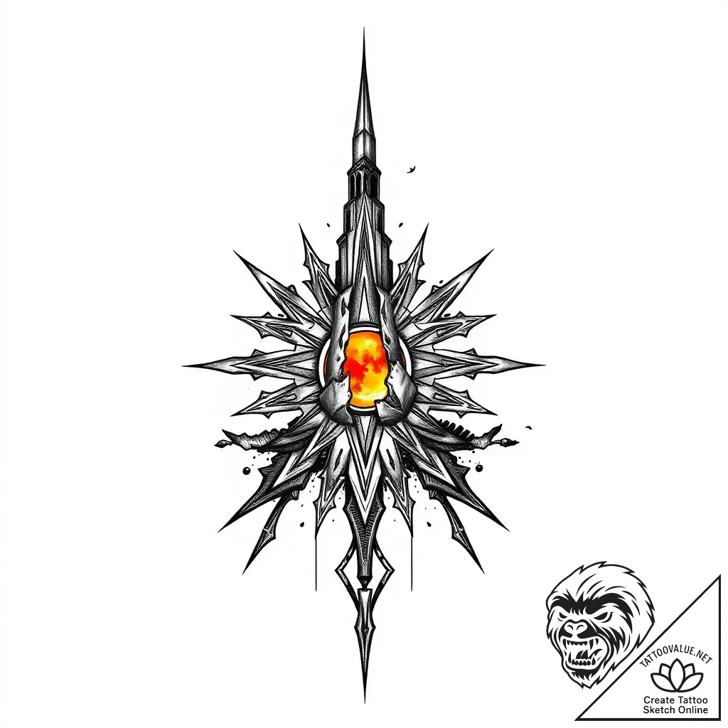 Sun sigil beneath shattered spire, concept ar... - style Flux Inscriptions - tattoo sketch (02.11.2025 07:23)