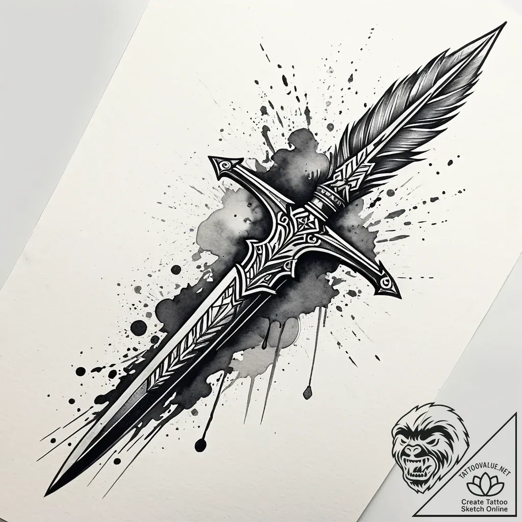 Feathered dagger with runic hilt, tattoo sket... - style Jaeger Simple - tattoo sketch (02.11.2025 07:28)
