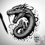 Apocalyptic serpent devouring city, tattoo sk… – style Jaeger Simple – tattoo sketch (02.11.2025 08:28)