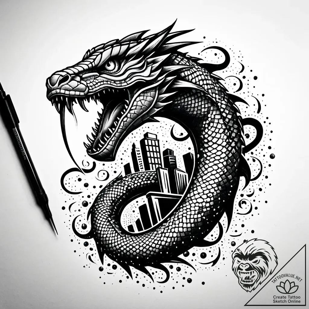 Apocalyptic serpent devouring city, tattoo sk... - style Jaeger Simple - tattoo sketch (02.11.2025 08:28)