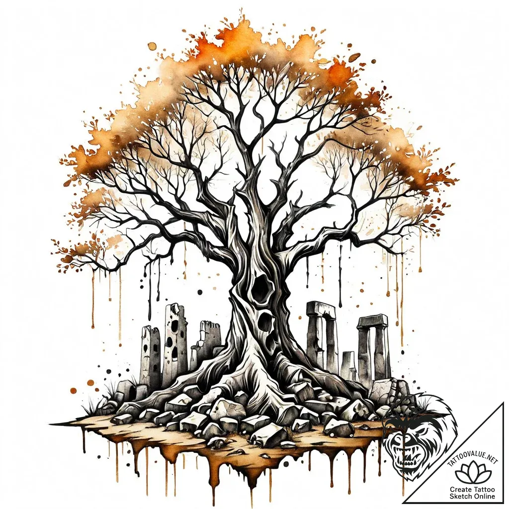 Bone tree sprouting from ruins, tattoo flash... - style Jaeger Mini - tattoo sketch (02.11.2025 09:33)