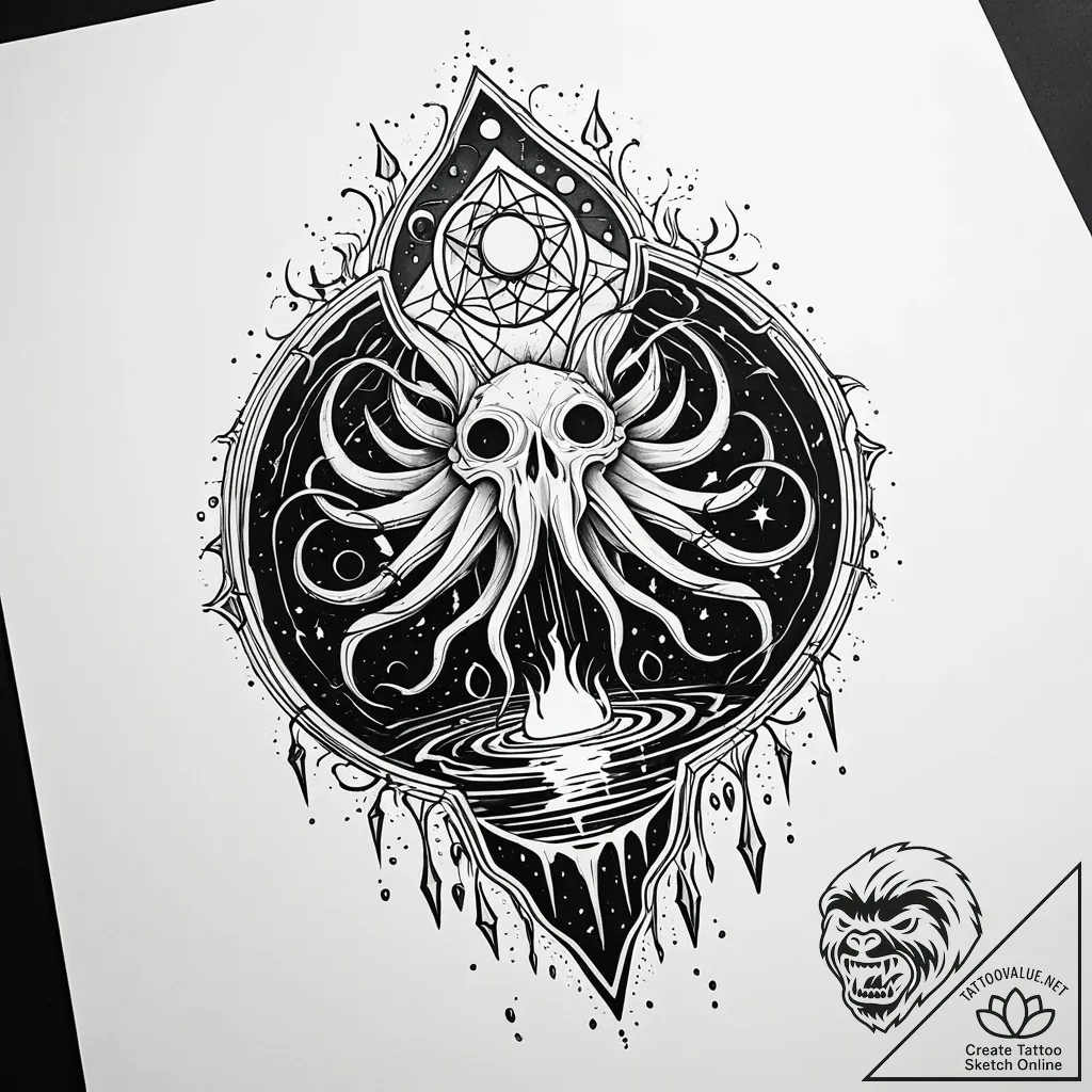 Eldritch horror visible only in the reflectio... - style Jaeger Simple - tattoo sketch (02.11.2025 10:48)