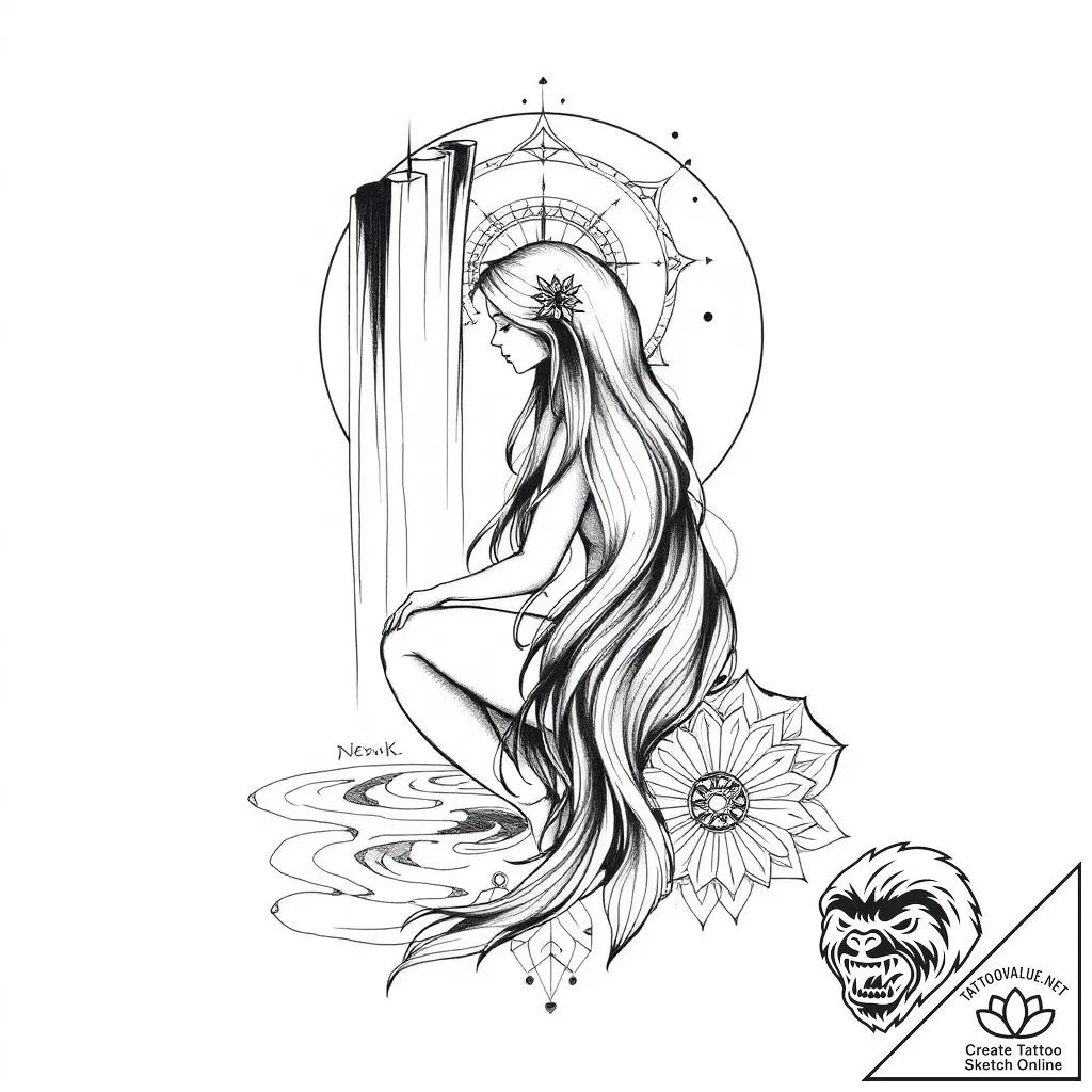Nymph resting by a waterfall, her hair mingli... - style Flux Inscriptions - tattoo sketch (02.11.2025 11:03)