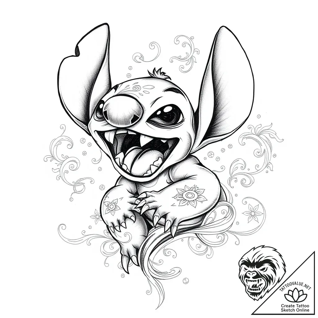 Tattoo sketch, stitch roaring playfully, wild... - style Flux Inscriptions - tattoo sketch (02.11.2025 11:23)