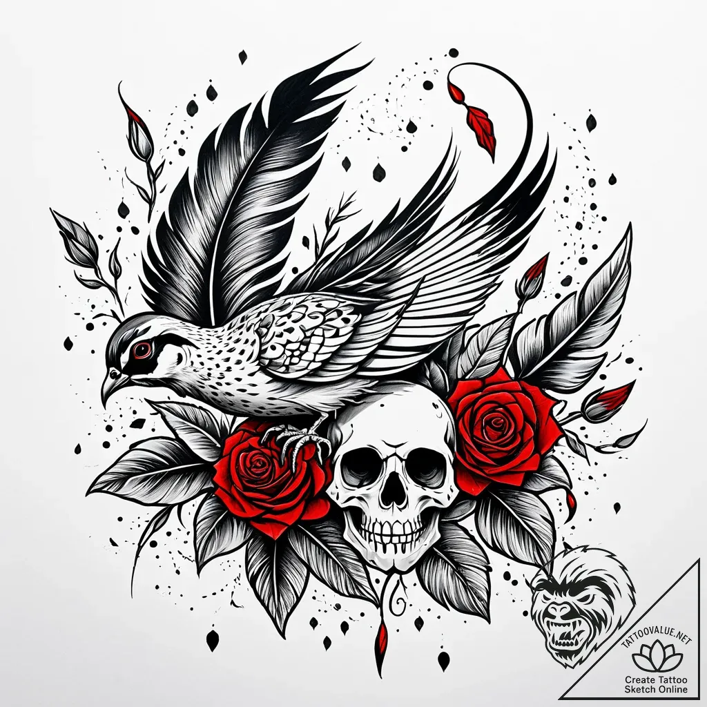 Quail feathers scattered in wind, ink illustr... - style Jaeger Simple - tattoo sketch (02.11.2025 11:48)