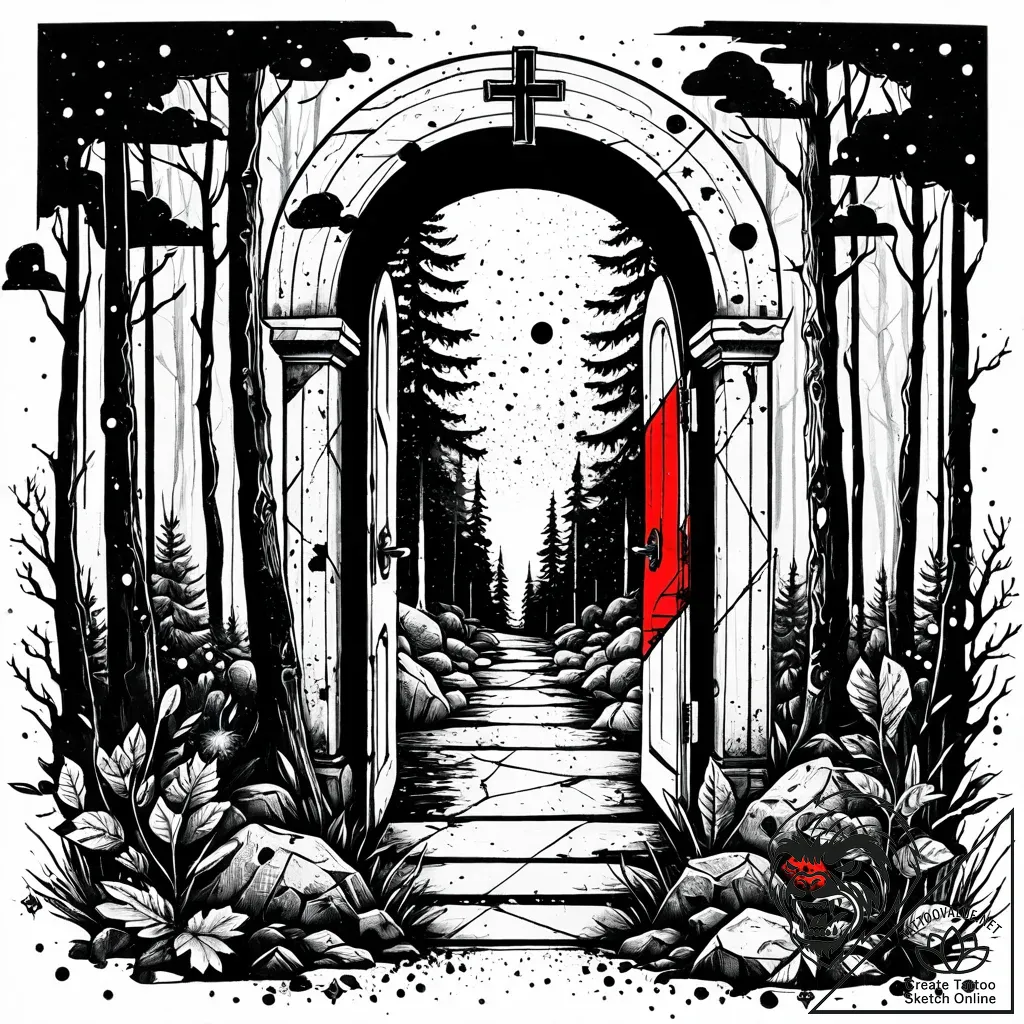Doorway in a forest opening to a cosmic scene... - style Jaeger Simple - tattoo sketch (02.11.2025 12:28)