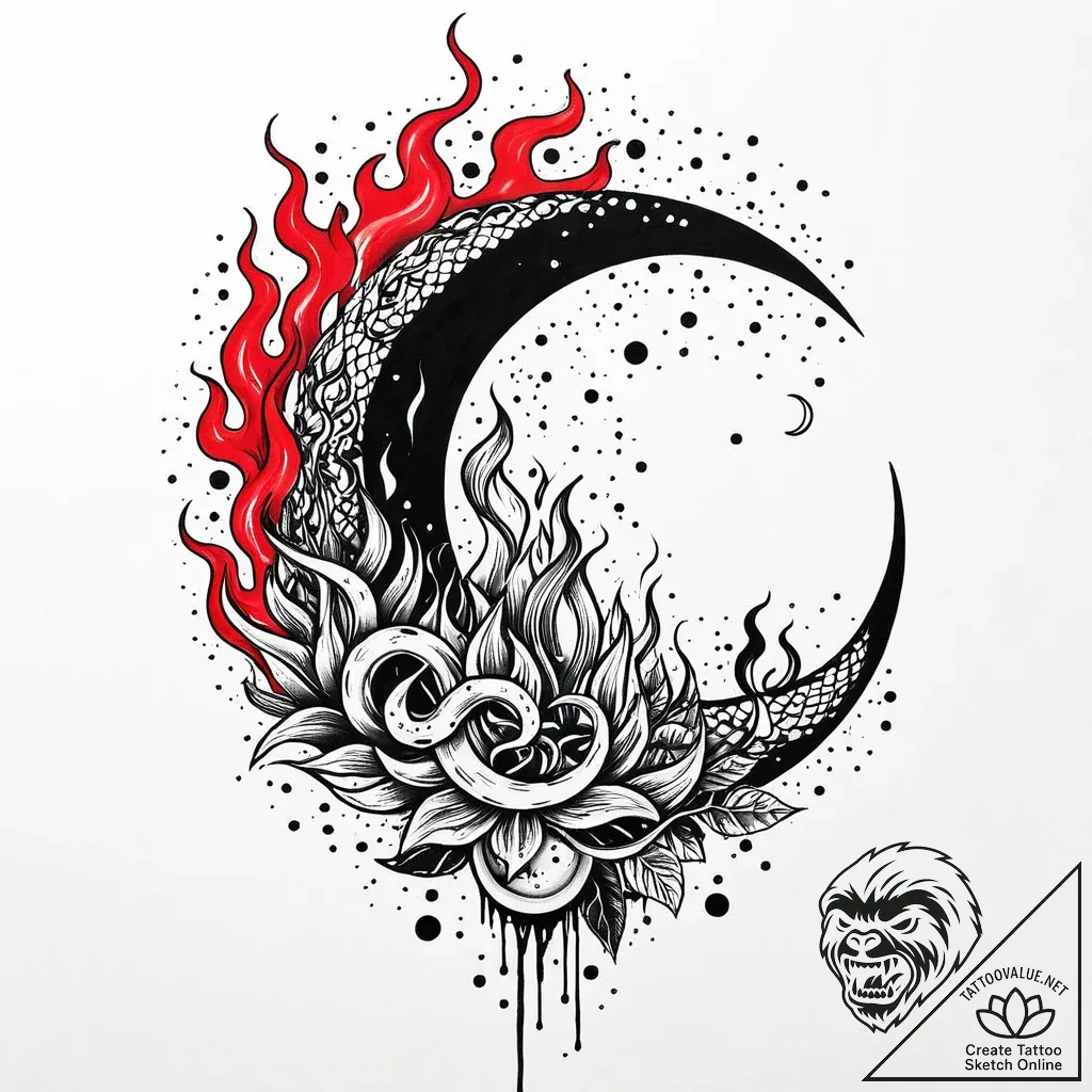 Flaming serpent devouring moon, artistic tatt... - style Jaeger Mini - tattoo sketch (02.11.2025 12:33)