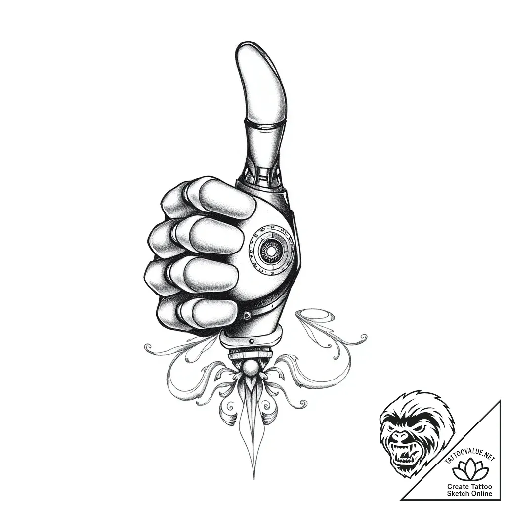 Robot hand giving a thumbs up, tattoo sketch... - style Flux Inscriptions - tattoo sketch (02.11.2025 12:43)