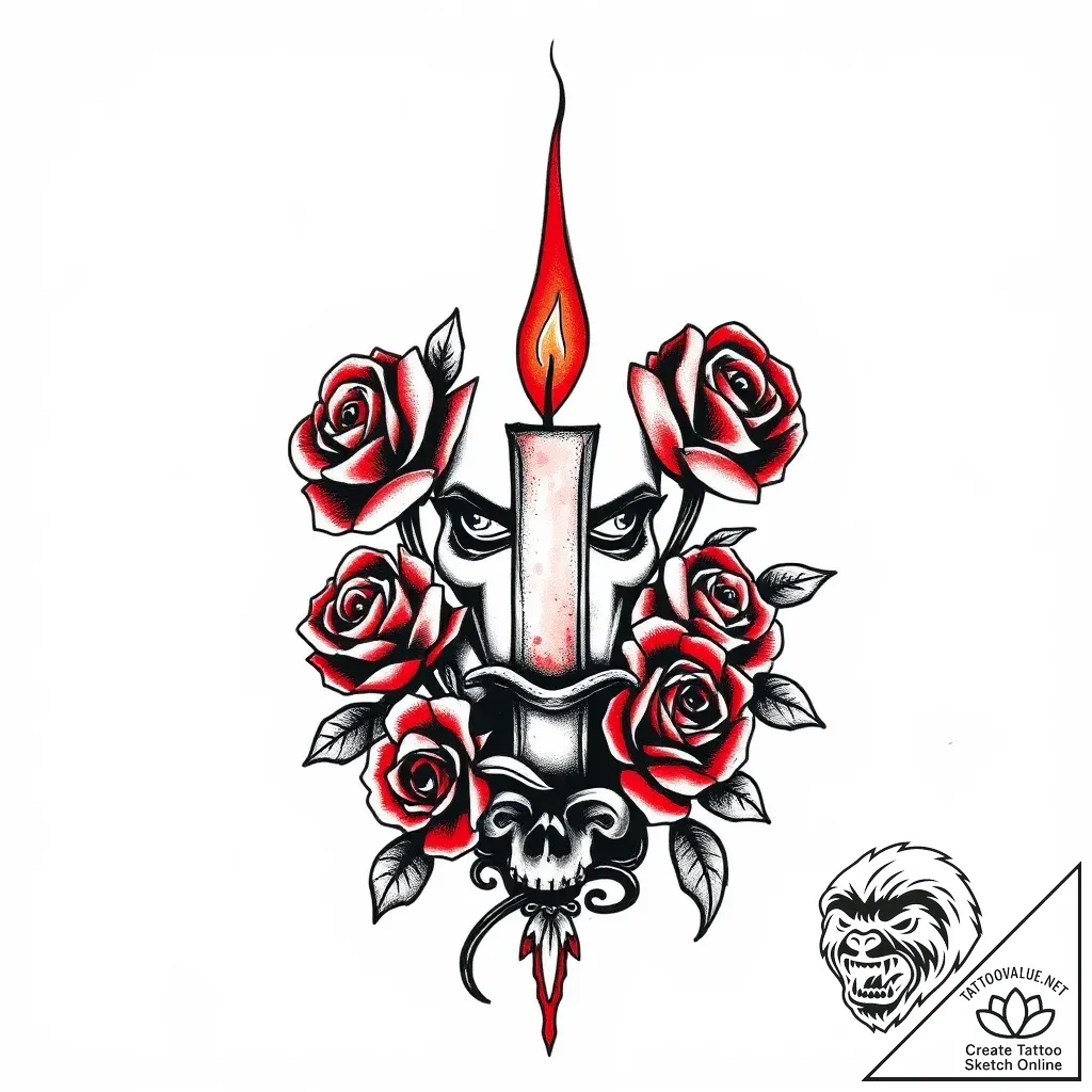 Candle flame revealing shadow face, ink illus... - style Flux Inscriptions - tattoo sketch (02.11.2025 14:03)