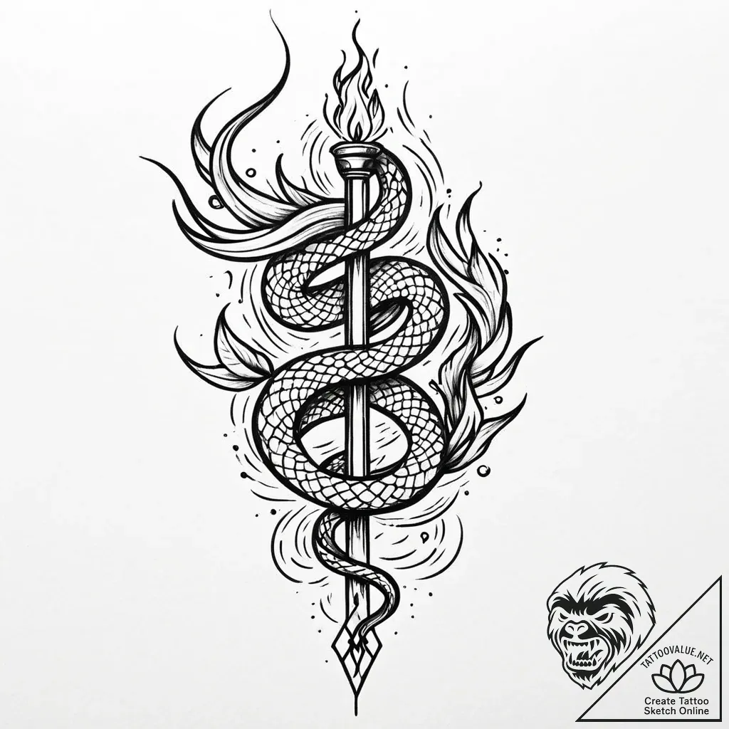 Animated serpent with burning tail, artistic... - style Jaeger Mini - tattoo sketch (02.11.2025 15:53)