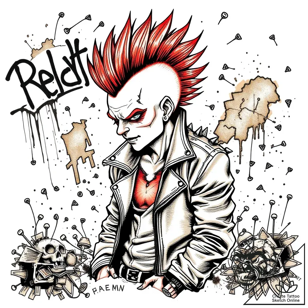 Tat tattoo sketch, punk figure with mohawk an... - style Flux Inscriptions - tattoo sketch (02.11.2025 16:05)