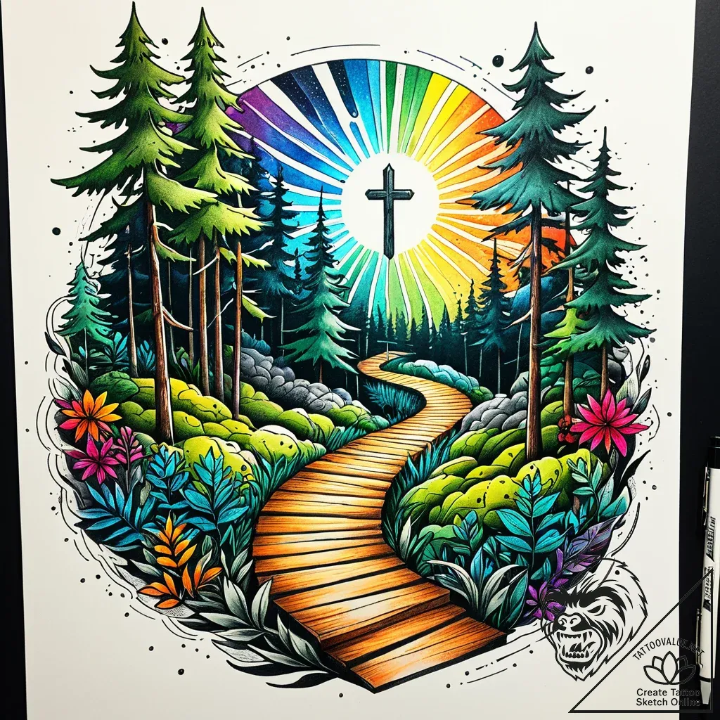 Path winding through a forest towards the lig... - style Jaeger Simple - tattoo sketch (02.11.2025 16:08)