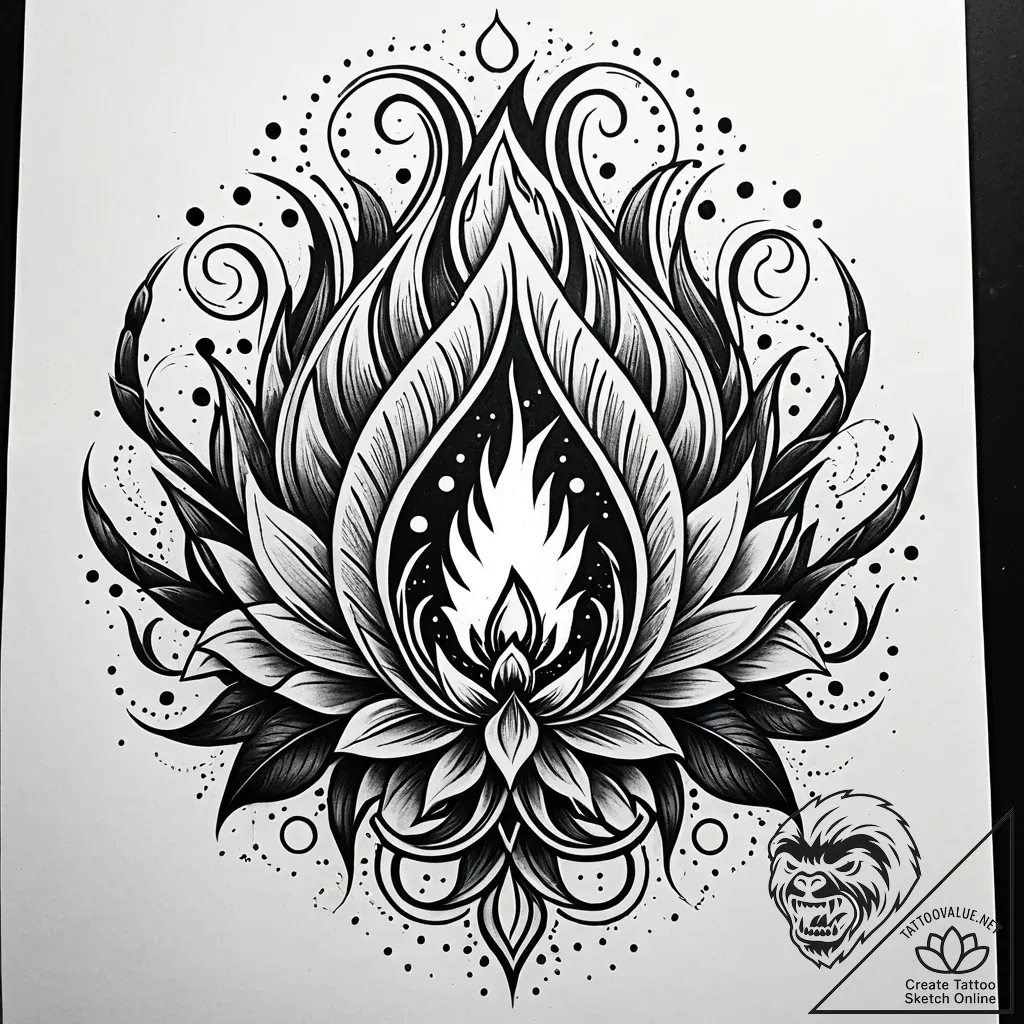 Torch flame beneath celestial bloom, concept... - style Jaeger Simple - tattoo sketch (02.11.2025 16:23)