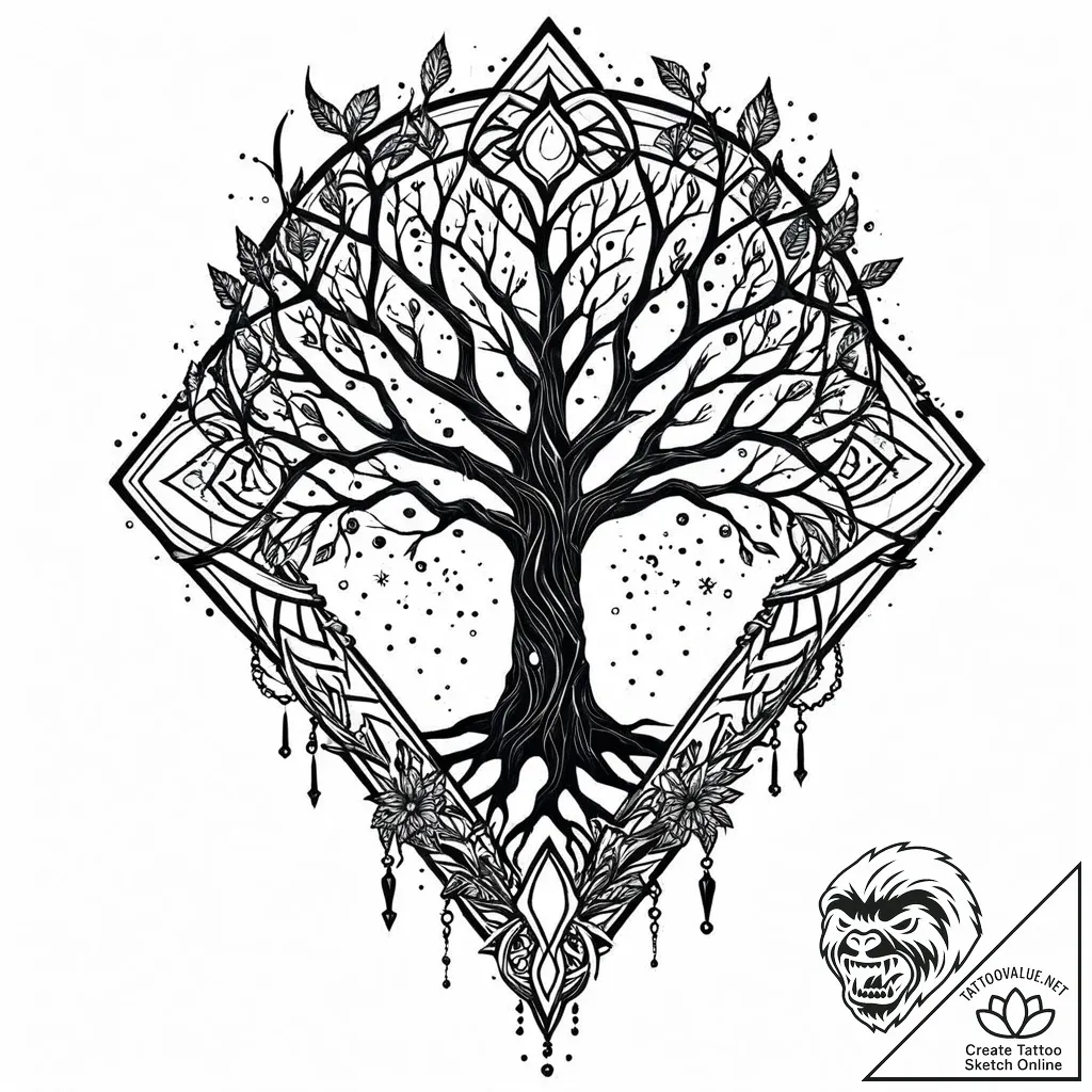 Fractured blade within spectral tree, tattoo... - style Jaeger Mini - tattoo sketch (02.11.2025 16:49)