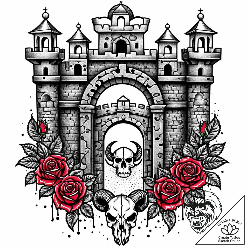 Ram (battering ram) striking a fortress gate,... - style Jaeger Mini - tattoo sketch (02.11.2025 17:08)