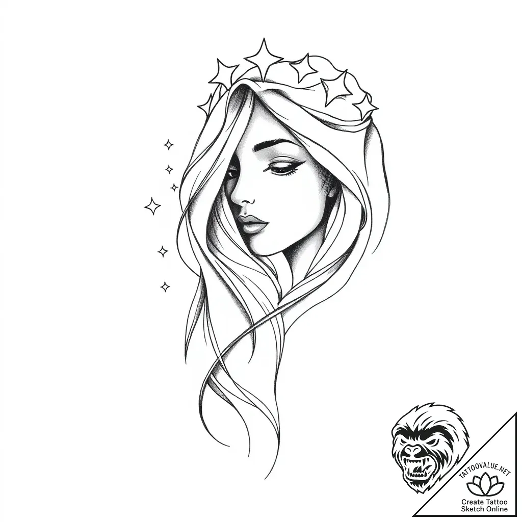 Goddess's face, half hidden by a veil of star... - style Flux Inscriptions - tattoo sketch (02.11.2025 17:18)