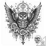 Owl with a key in its talons, wings spread to… – style Jaeger Mini – tattoo sketch (02.11.2025 17:49)