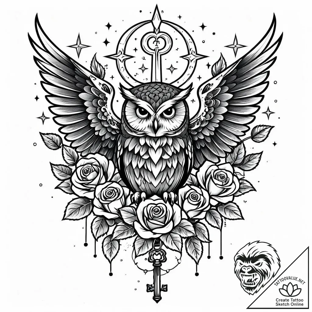 Owl with a key in its talons, wings spread to... - style Jaeger Mini - tattoo sketch (02.11.2025 17:49)