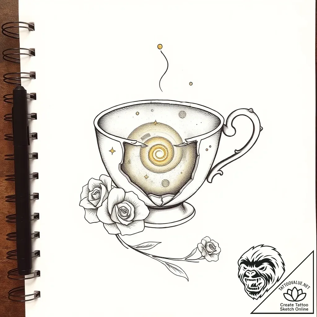 Broken teacup, repaired with gold (kintsugi),... - style Flux Inscriptions - tattoo sketch (02.11.2025 18:13)