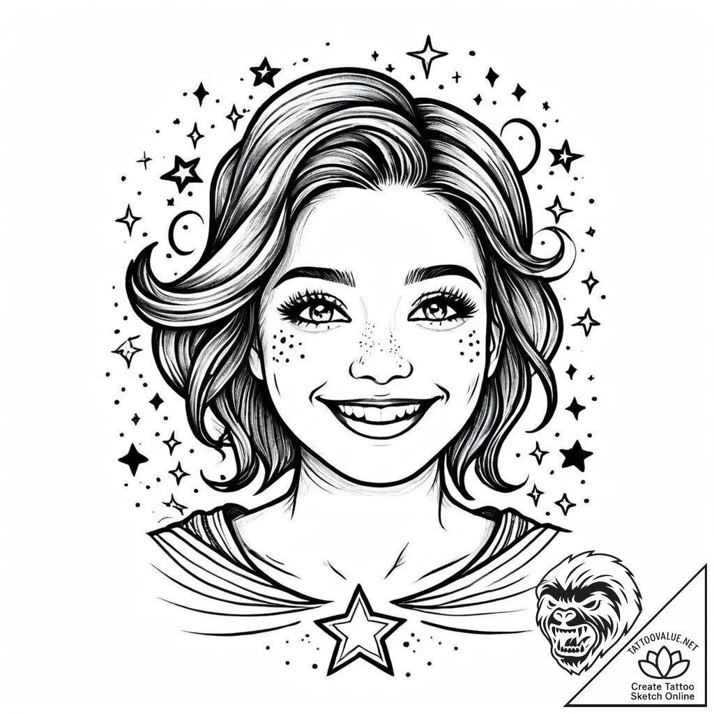 Tattoo sketch, sally smiling under stars, dre... - style Jaeger Mini - tattoo sketch (02.11.2025 18:23)