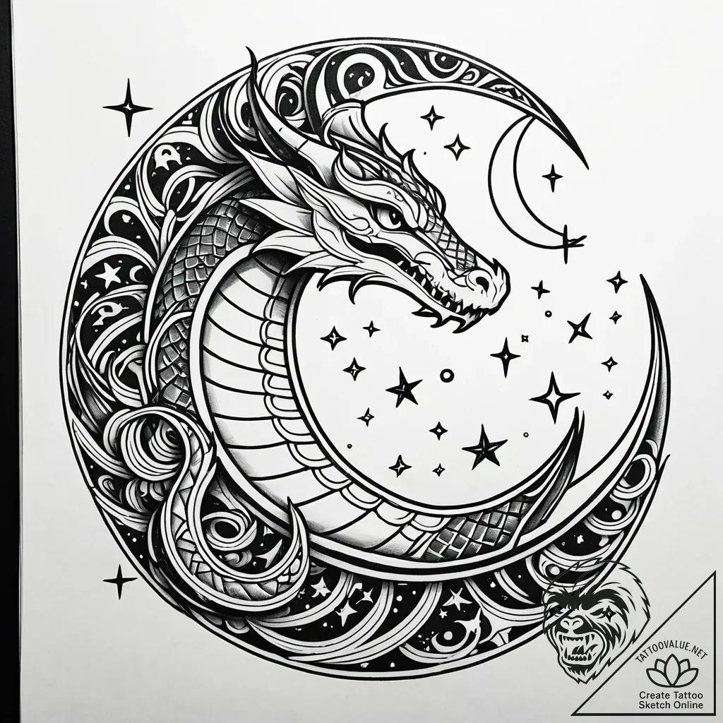 Moonlight serpent weaving through stars, ink... - style Jaeger Simple - tattoo sketch (02.11.2025 18:58)