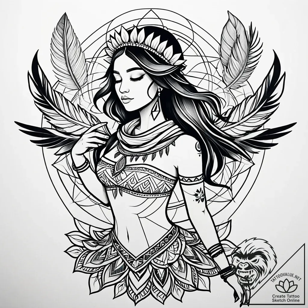 Tat tattoo sketch, boho girl with floral crow... - style Jaeger Simple - tattoo sketch (02.11.2025 19:38)
