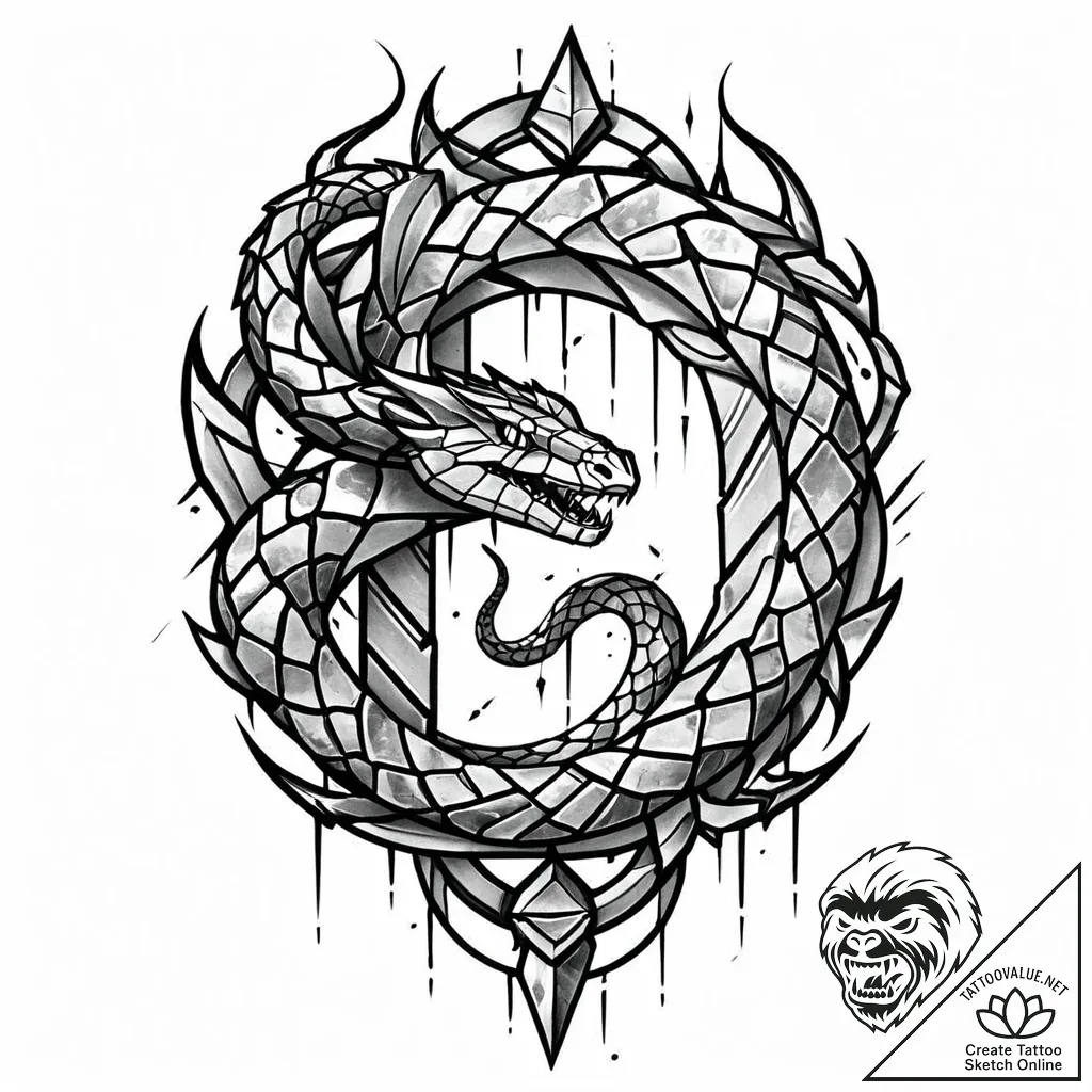 Quartz serpent beneath shattered gate, tattoo... - style Jaeger Mini - tattoo sketch (02.11.2025 20:23)