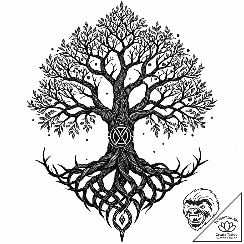 Yggdrasil's roots wrapping around a glowing r... - style Jaeger Mini - tattoo sketch (02.11.2025 22:23)