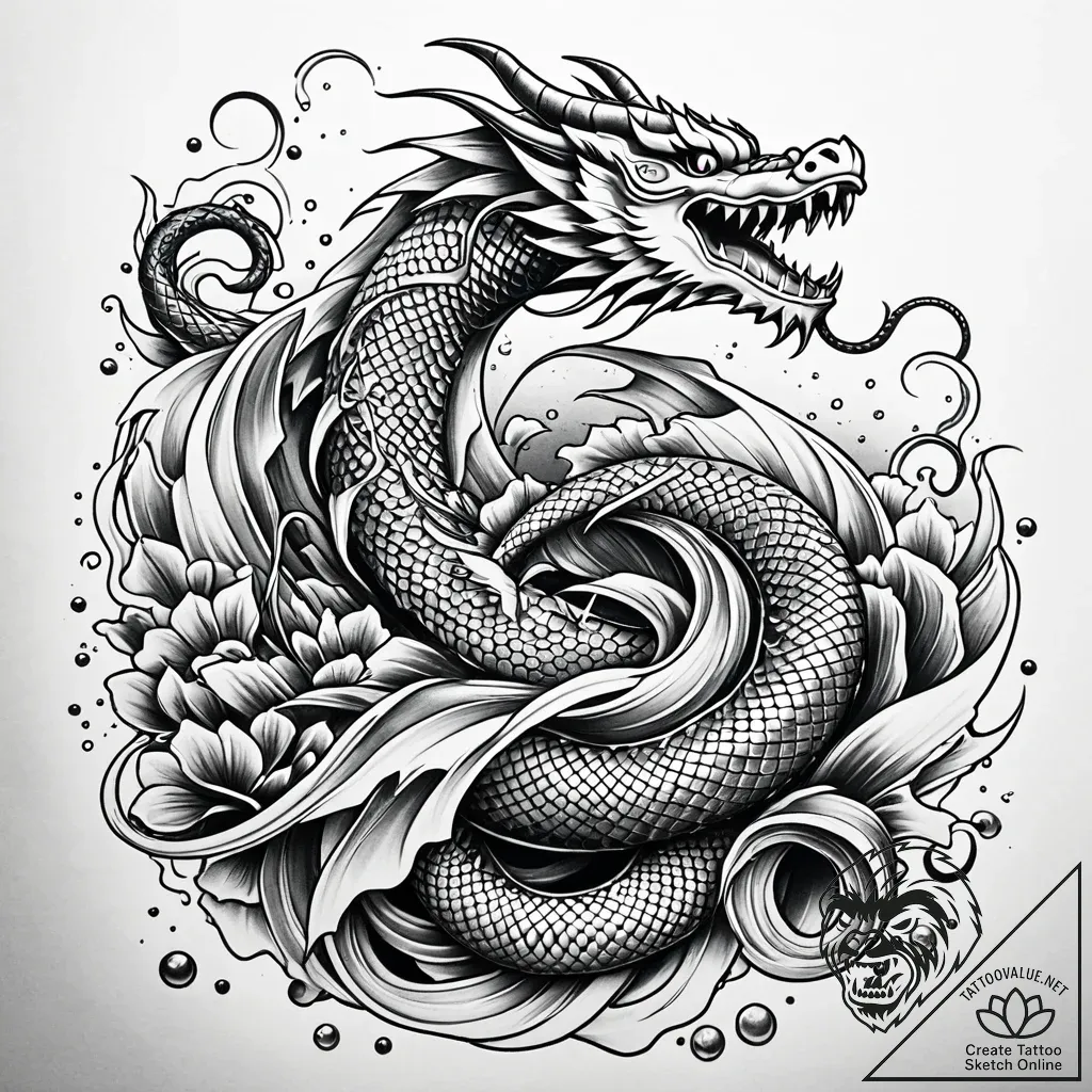 Bone serpent beneath frozen lake, tattoo line... - style Jaeger Simple - tattoo sketch (02.11.2025 22:38)