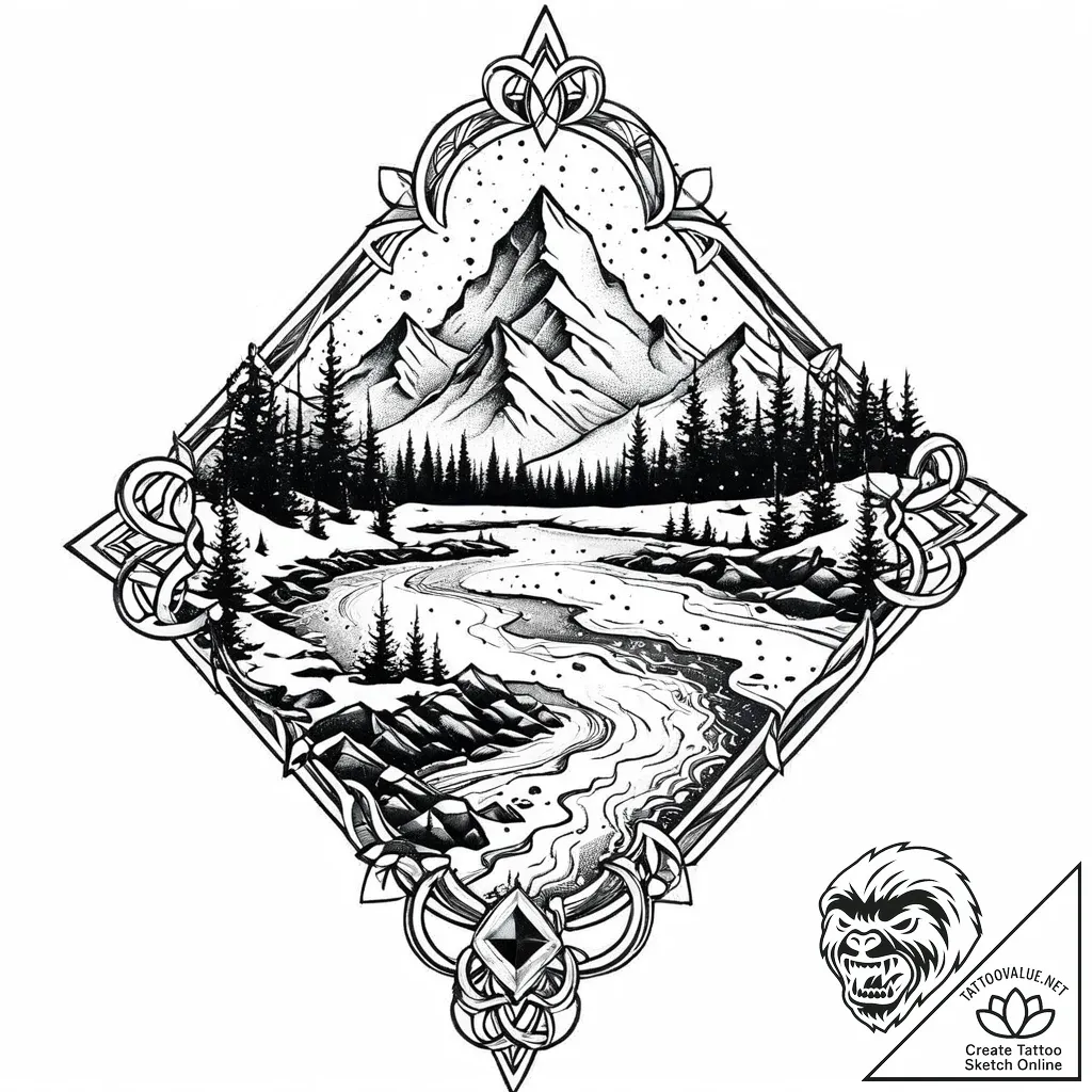 Engraved key beneath frozen river, artistic t... - style Jaeger Mini - tattoo sketch (02.11.2025 23:43)