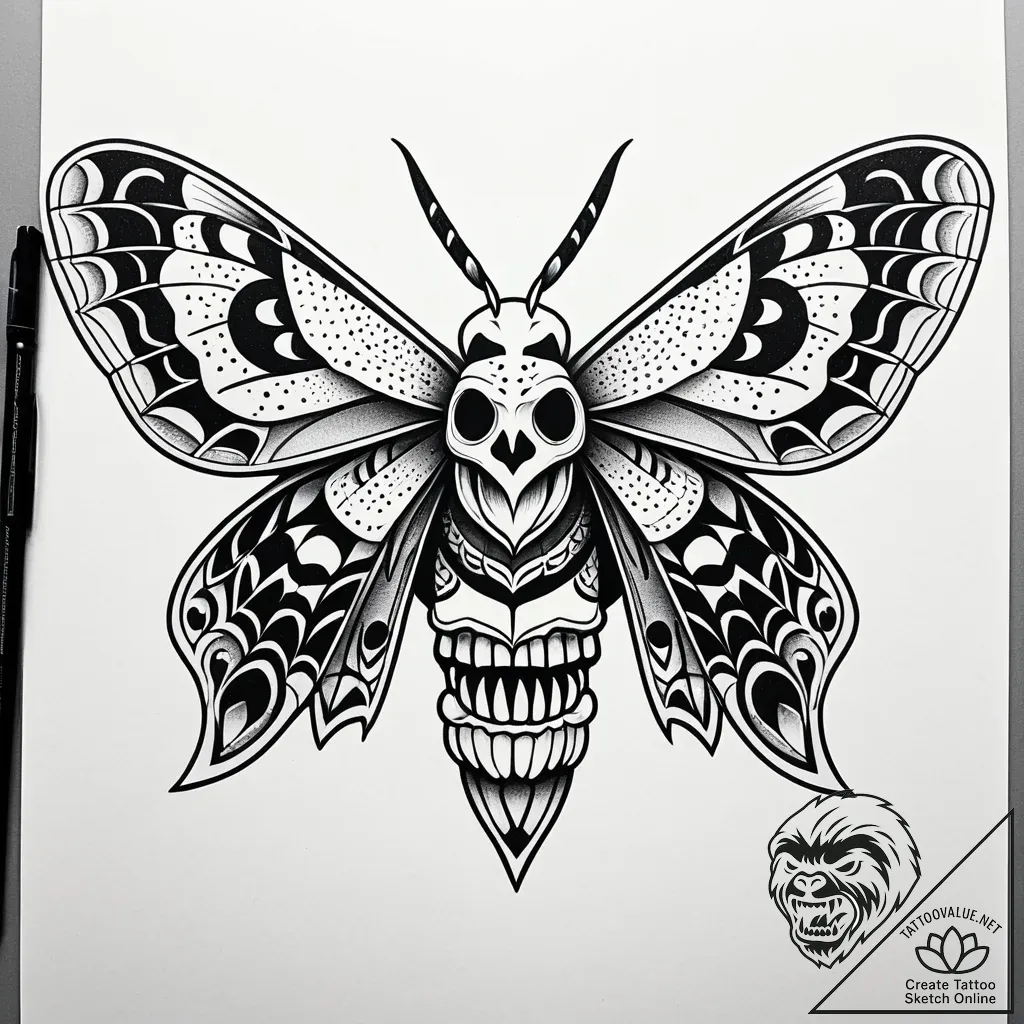 Hawk moth with skull pattern on its back, tat... - style Jaeger Simple - tattoo sketch (03.11.2025 00:38)