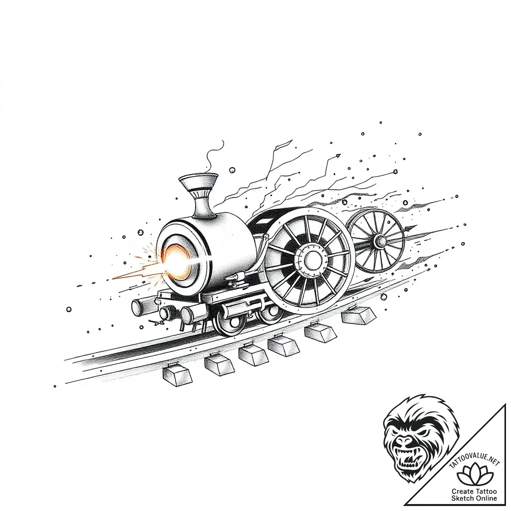Tattoo sketch, train wheels turning with spar... - style Flux Inscriptions - tattoo sketch (03.11.2025 00:53)