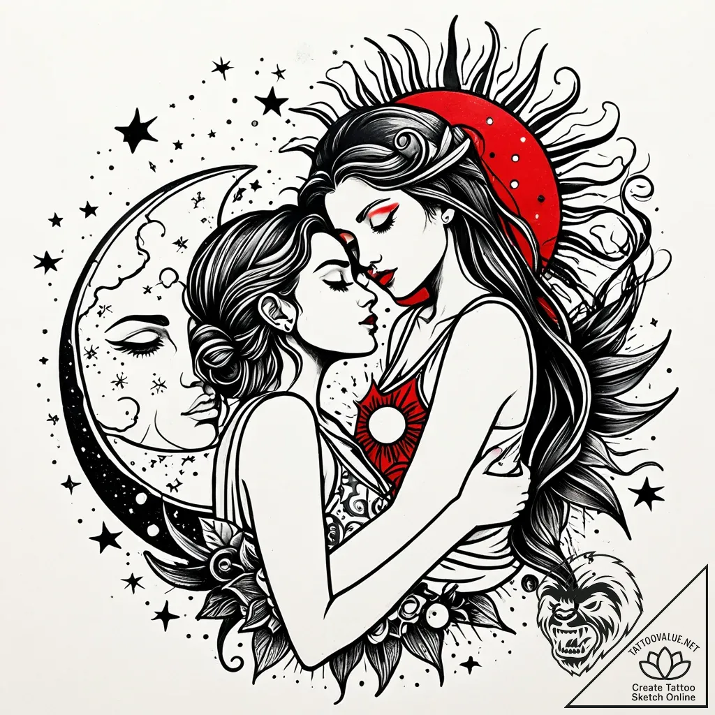 Stylized sun and moon in a lover's embrace, t... - style Jaeger Simple - tattoo sketch (03.11.2025 00:58)
