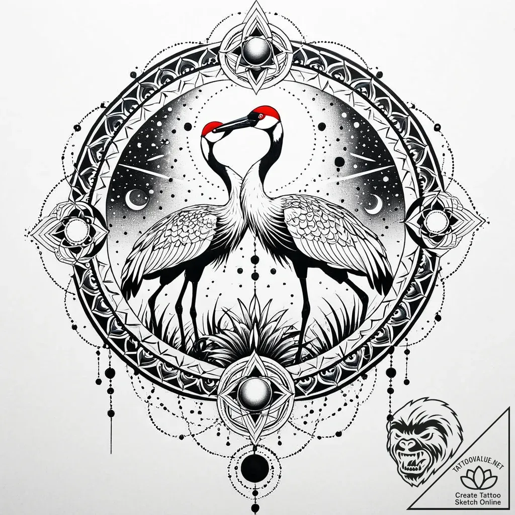 Red-crowned crane dancing under a blood moon,... - style Jaeger Mini - tattoo sketch (03.11.2025 01:03)