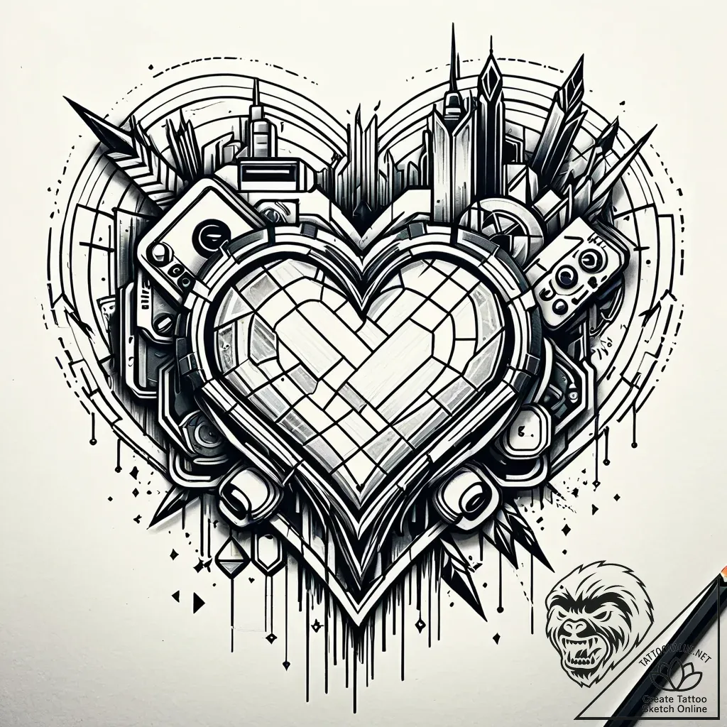 Tat tattoo sketch, pixel heart with glitch ef... - style Jaeger Simple - tattoo sketch (03.11.2025 01:38)