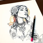 Tat tattoo sketch, boho woman with mandala ta… – style Flux Inscriptions – tattoo sketch (03.11.2025 01:53)