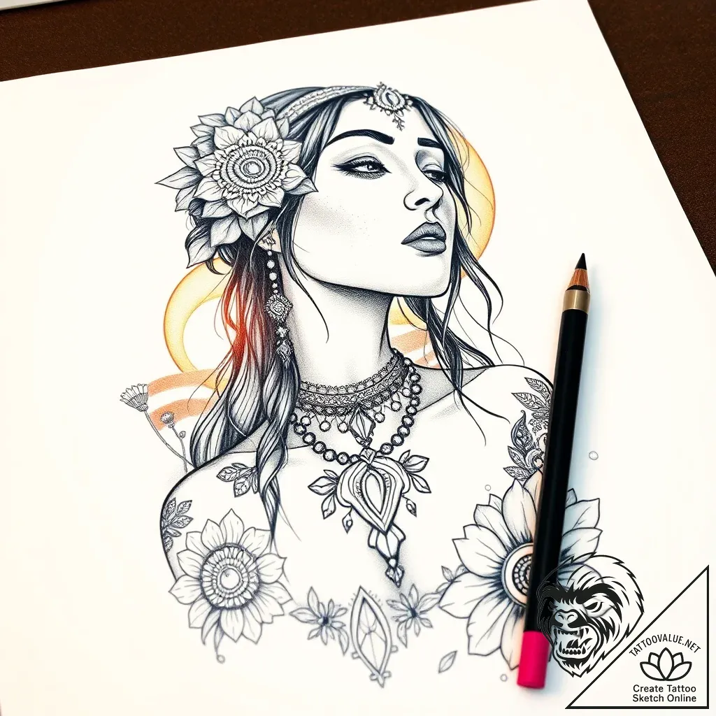 Tat tattoo sketch, boho woman with mandala ta... - style Flux Inscriptions - tattoo sketch (03.11.2025 01:53)
