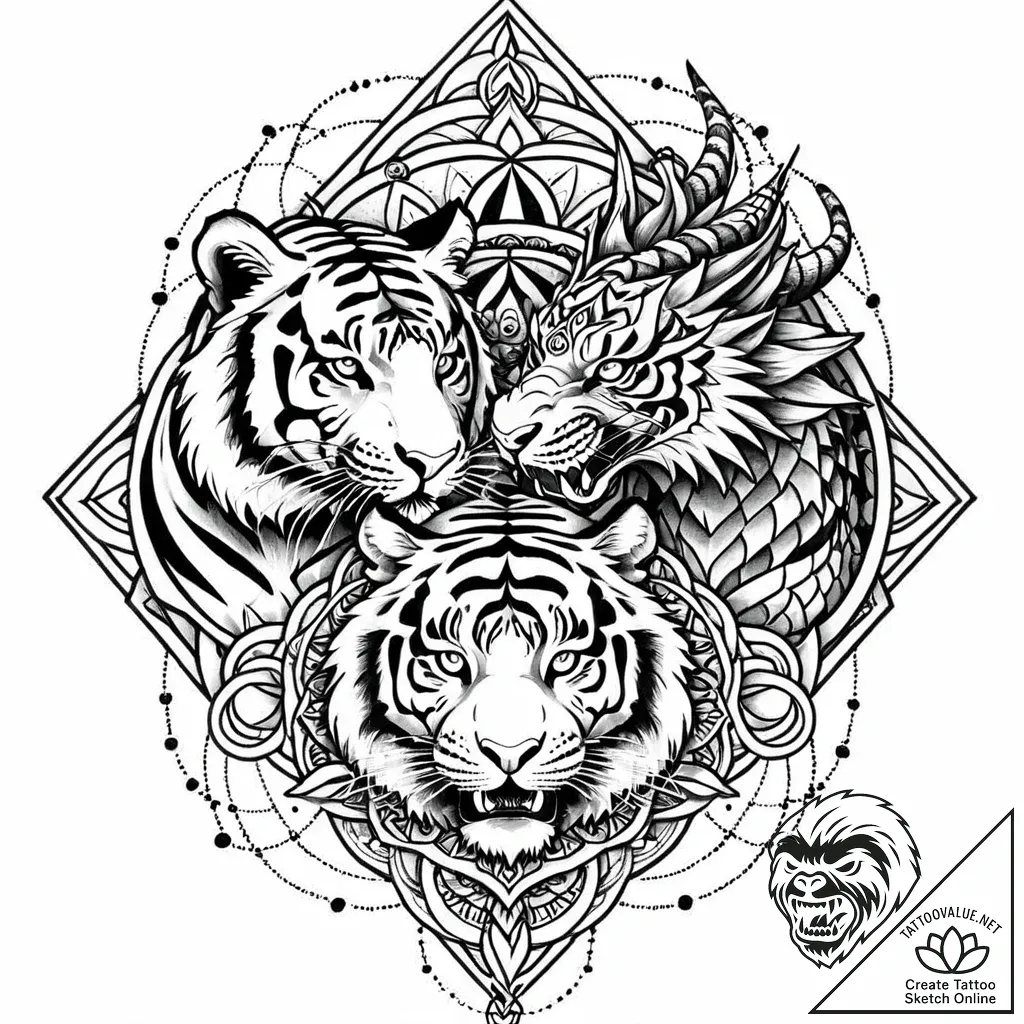 Tiger and dragon locked in an eternal battle,... - style Jaeger Mini - tattoo sketch (03.11.2025 02:43)