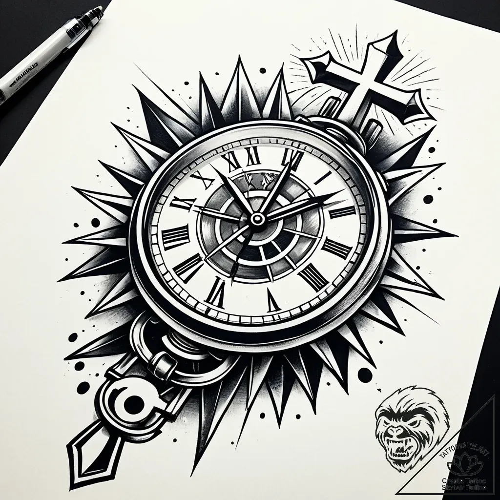 Broken timepiece with skeletal hands, tattoo... - style Jaeger Simple - tattoo sketch (03.11.2025 07:58)
