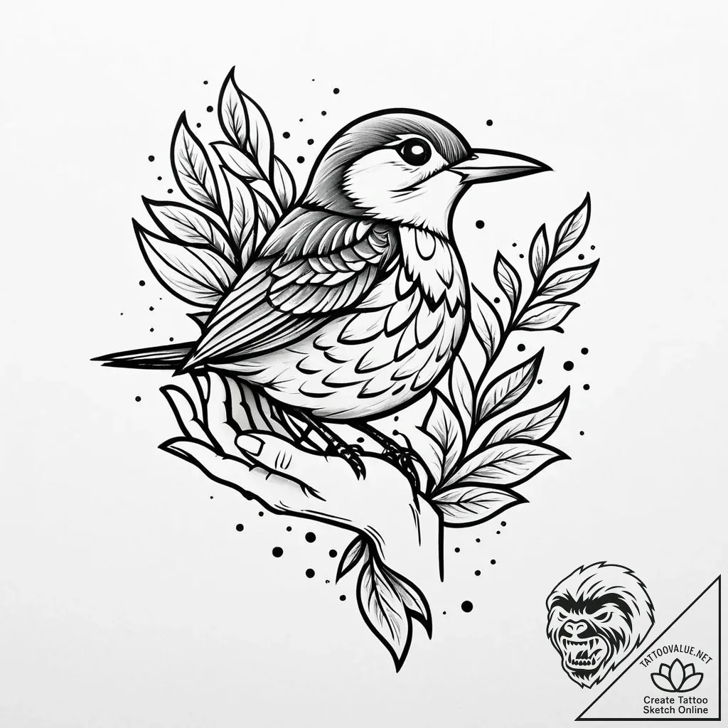 A whimsical bird in a hand, small,, tattoo fl... - style Jaeger Mini - tattoo sketch (03.11.2025 08:03)