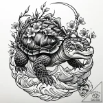 Tortoise carrying a miniature world on its sh… – style Jaeger Mini – tattoo sketch (03.11.2025 08:43)