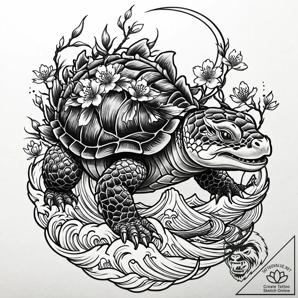 Tortoise carrying a miniature world on its sh... - style Jaeger Mini - tattoo sketch (03.11.2025 08:43)