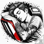Tattoo sketch, boy sleeping on train seat, pe… – style Jaeger Simple – tattoo sketch (03.11.2025 08:58)