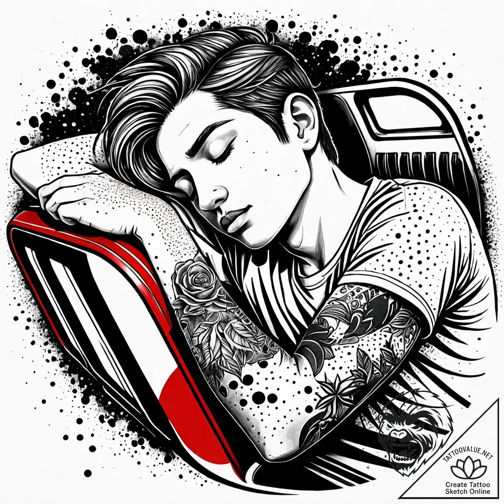 Tattoo sketch, boy sleeping on train seat, pe... - style Jaeger Simple - tattoo sketch (03.11.2025 08:58)