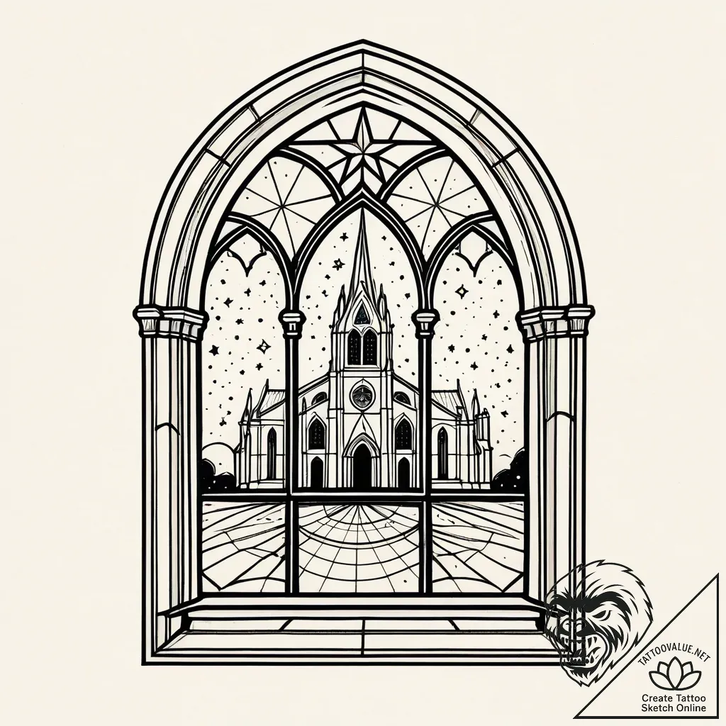 Arched cathedral window opening to a field of... - style Jaeger Simple - tattoo sketch (03.11.2025 09:38)