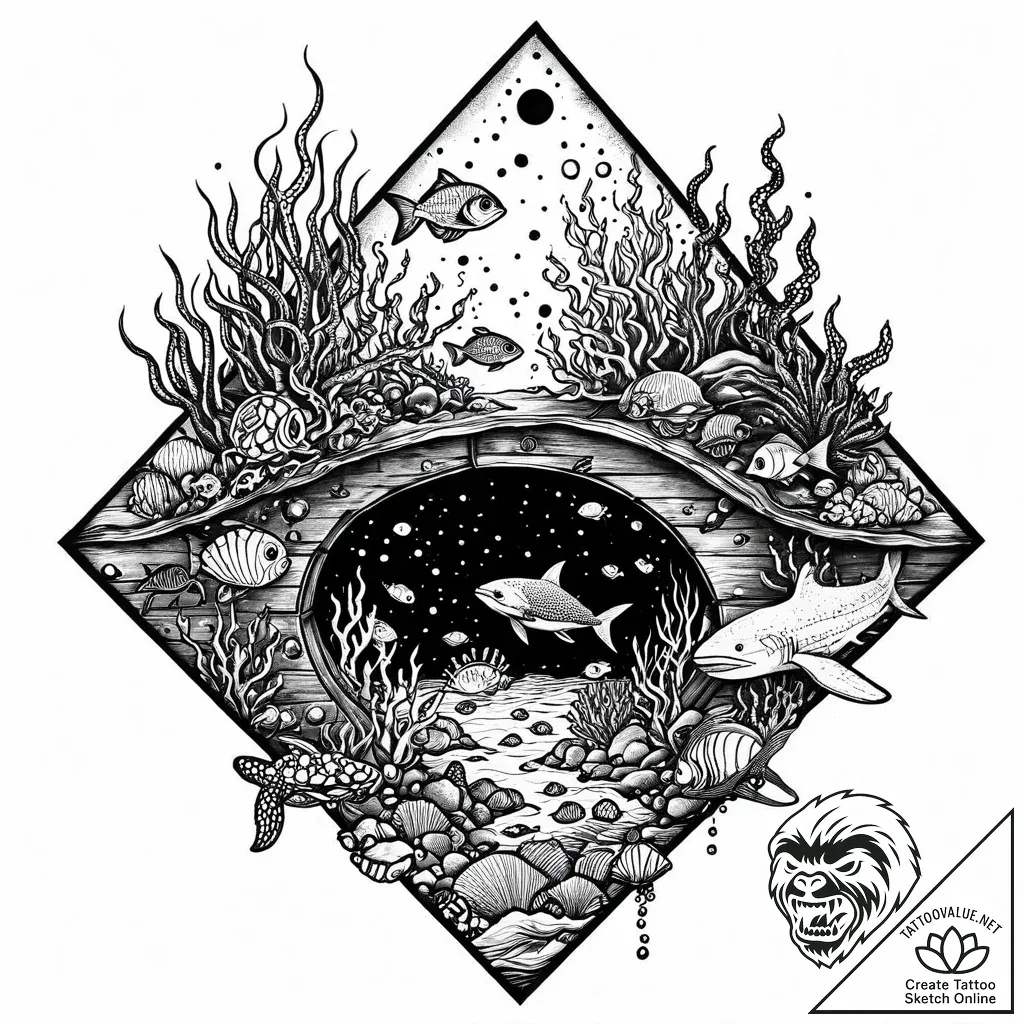 An underwater aquarium tunnel, surrounded by... - style Jaeger Mini - tattoo sketch (03.11.2025 09:43)