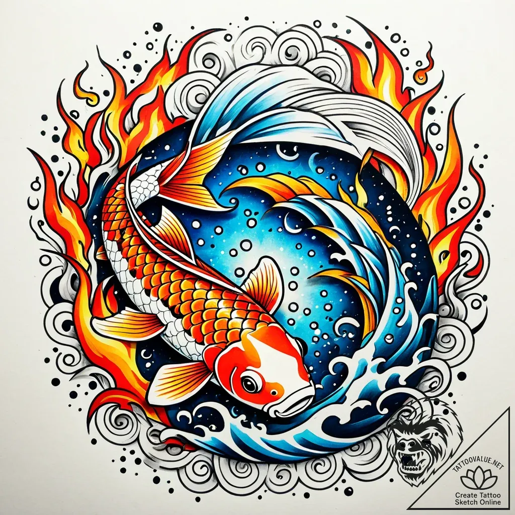 Koi fish swimming through flames, tattoo flas... - style Jaeger Simple - tattoo sketch (03.11.2025 10:38)