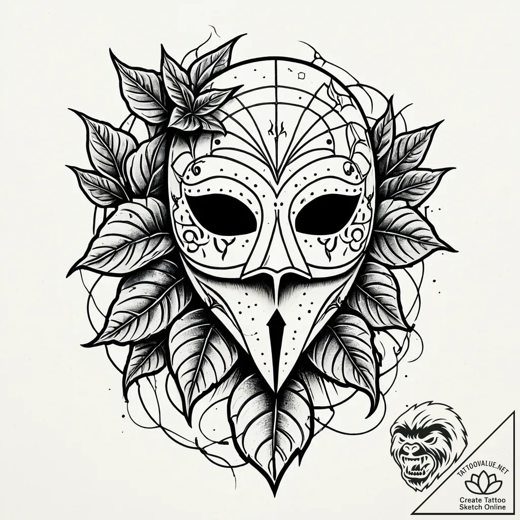 Plague mask cracked with ivy, artistic tattoo... - style Jaeger Simple - tattoo sketch (03.11.2025 11:18)